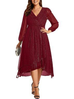 Elegant Plus Size Wedding Guest Dress - Long Sleeve A-Line V-Neck Midi Gown